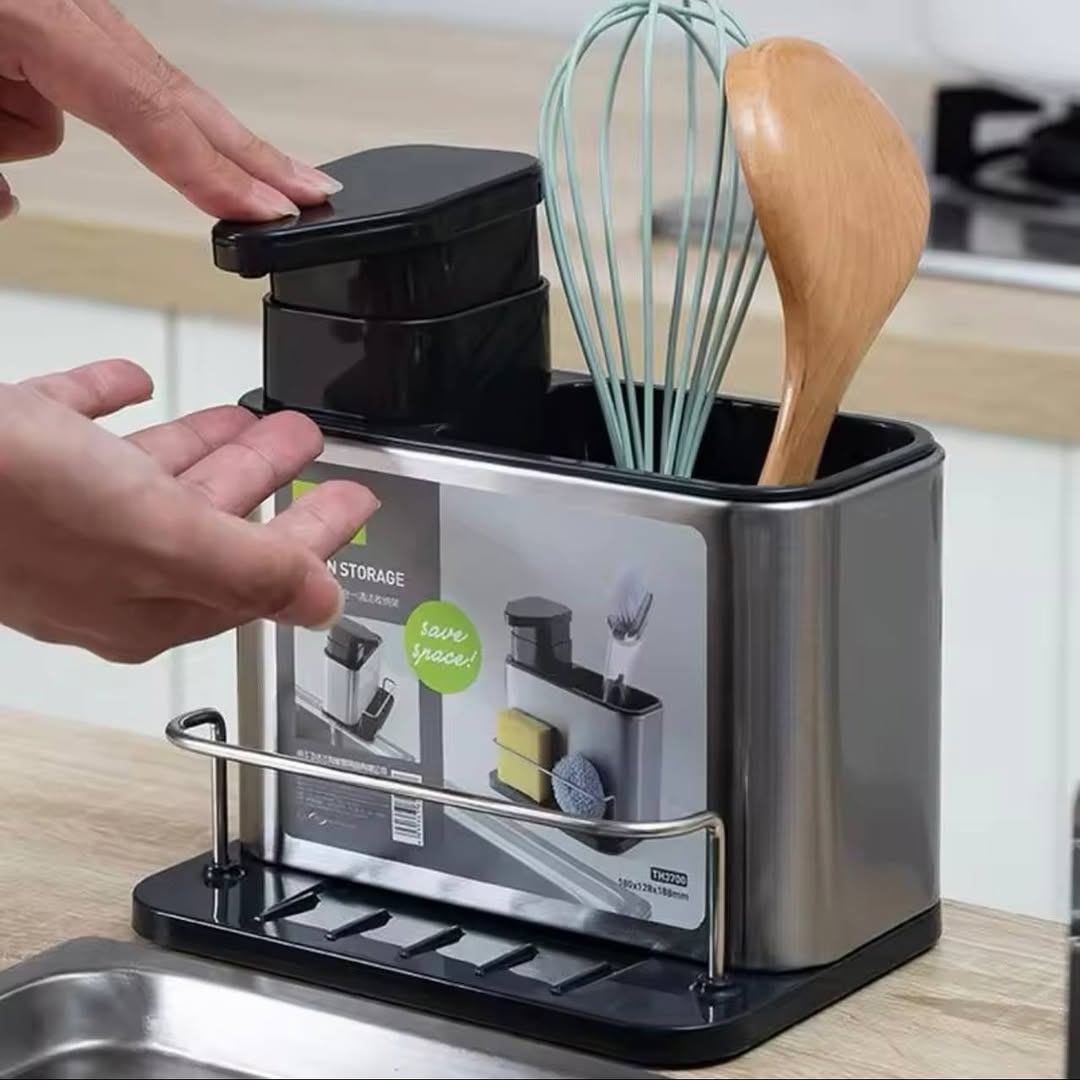 kitchen sink organizer with a liquid soap dispenser