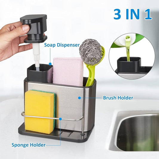 kitchen sink organizer with a liquid soap dispenser