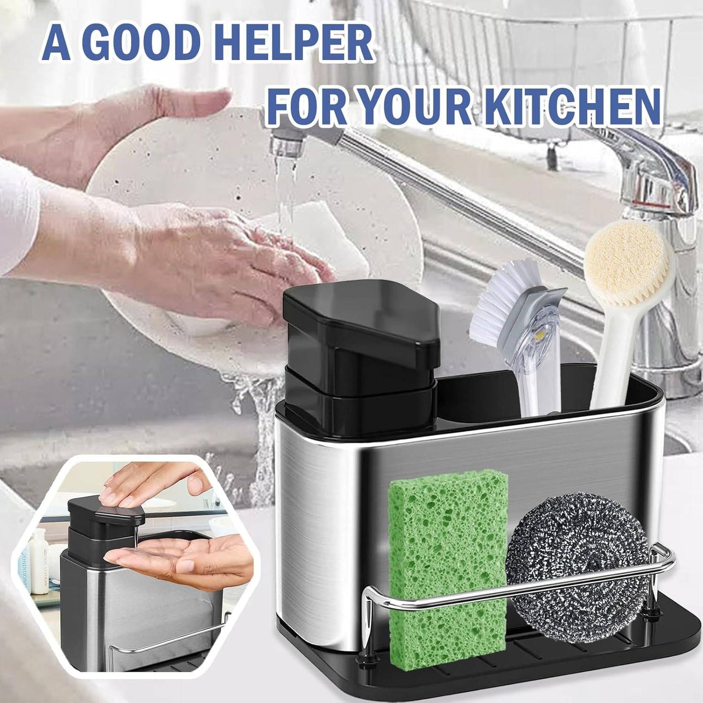 kitchen sink organizer with a liquid soap dispenser