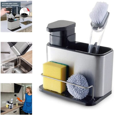 kitchen sink organizer with a liquid soap dispenser