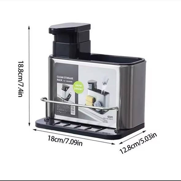kitchen sink organizer with a liquid soap dispenser