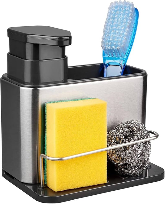 kitchen sink organizer with a liquid soap dispenser